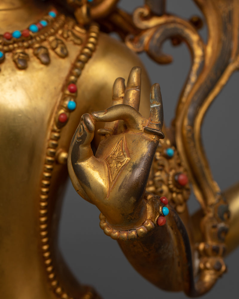 Simhanada Red Manjushri Sculpture |  24K Gold-Gilded Statue