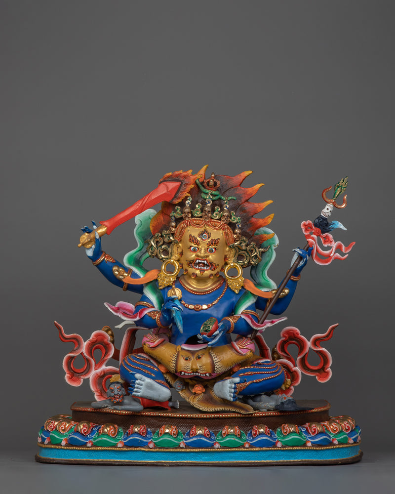 Four-Armed Mahakala Statue for Shrine | 24K Gold-Gilded Protector Deity