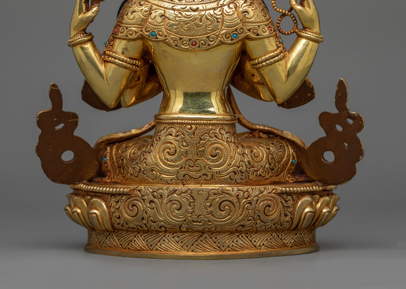 24K Gold Gilded Four Armed Chenrezig Figurine | The Bodhisattva of Compassion