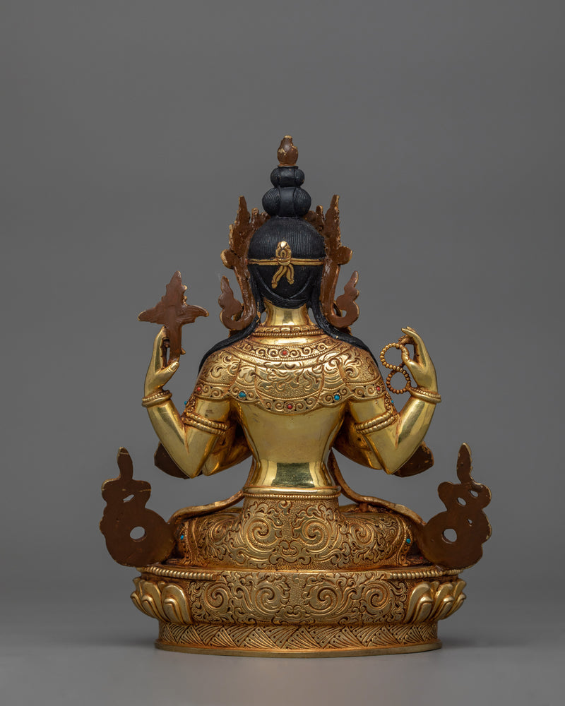 24K Gold Gilded Four Armed Chenrezig Figurine | The Bodhisattva of Compassion