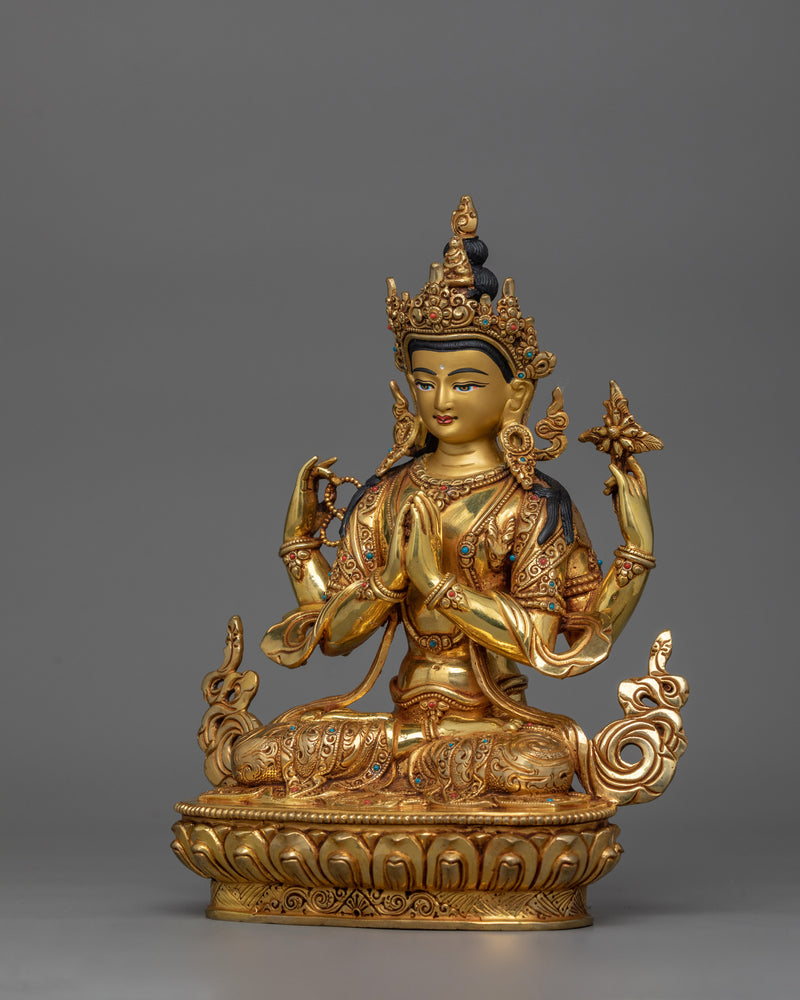 24K Gold Gilded Four Armed Chenrezig Figurine | The Bodhisattva of Compassion