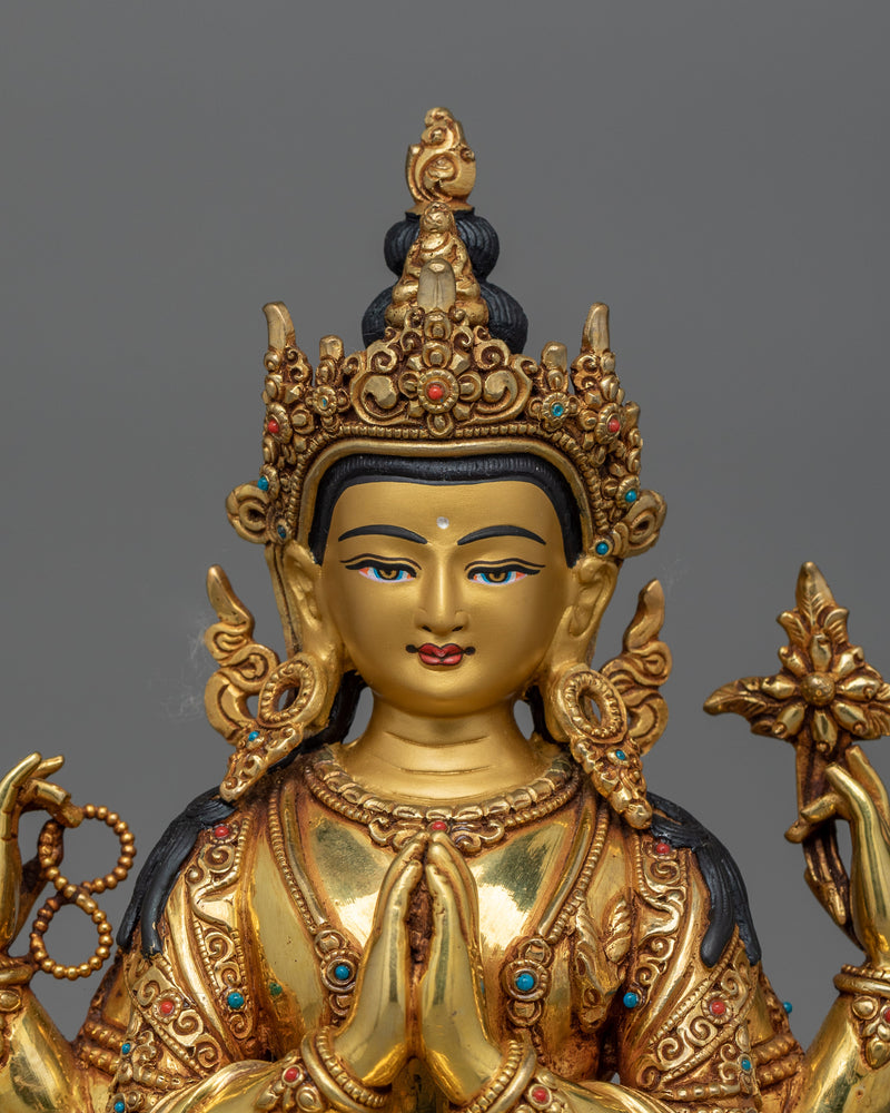 24K Gold Gilded Four Armed Chenrezig Figurine | The Bodhisattva of Compassion