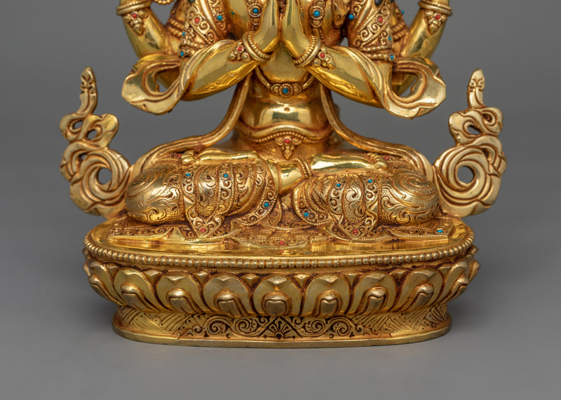 24K Gold Gilded Four Armed Chenrezig Figurine | The Bodhisattva of Compassion