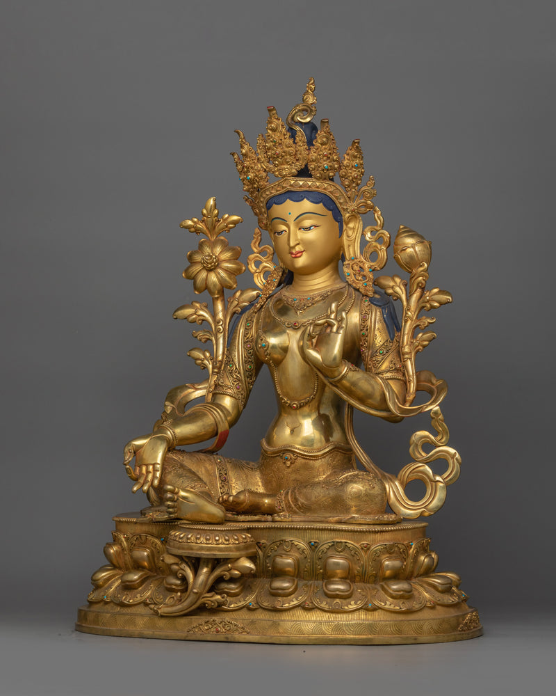 Green Tara Holding a Lotus of Compassion Figurine | Tibetan Green Tara Goddess Statue