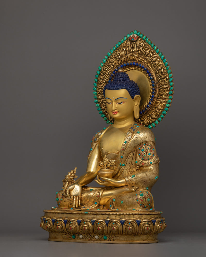 The Tibetan Healing Deity Statute of Medicine Buddha | 24K Gold Gilded Figurine