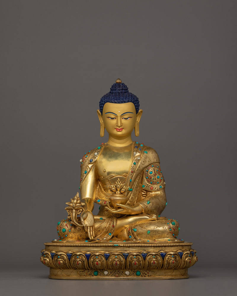 The Tibetan Healing Deity Statute of Medicine Buddha | 24K Gold Gilded Figurine