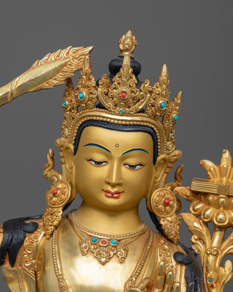 24K Gold-Gilded Statue of Manjushri with Wisdom Sword | Enlightened Deity Figurine