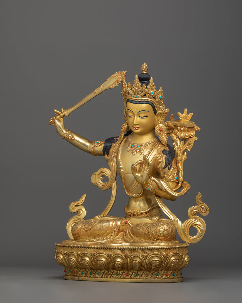 24K Gold-Gilded Statue of Manjushri with Wisdom Sword | Enlightened Deity Figurine