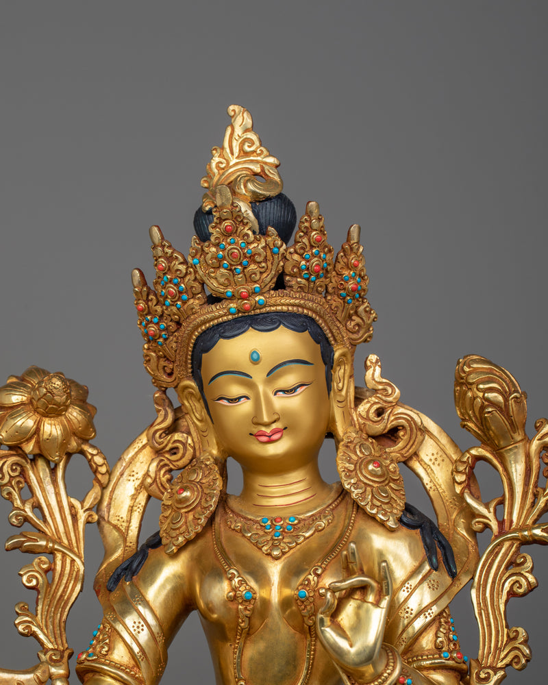 Green Tara Seated on a Snow lion Sculpture | Protector and Liberator from Fear