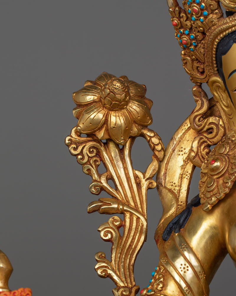 Green Tara Seated on a Snow lion Sculpture | Protector and Liberator from Fear