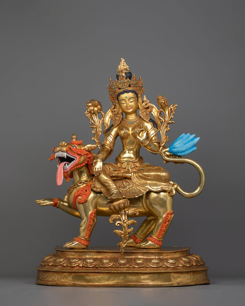 Green Tara Seated on a Snow lion Sculpture | Protector and Liberator from Fear