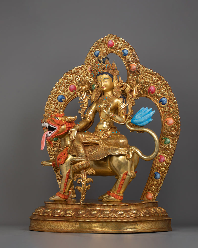 Green Tara Seated on a Snow lion Sculpture | Protector and Liberator from Fear