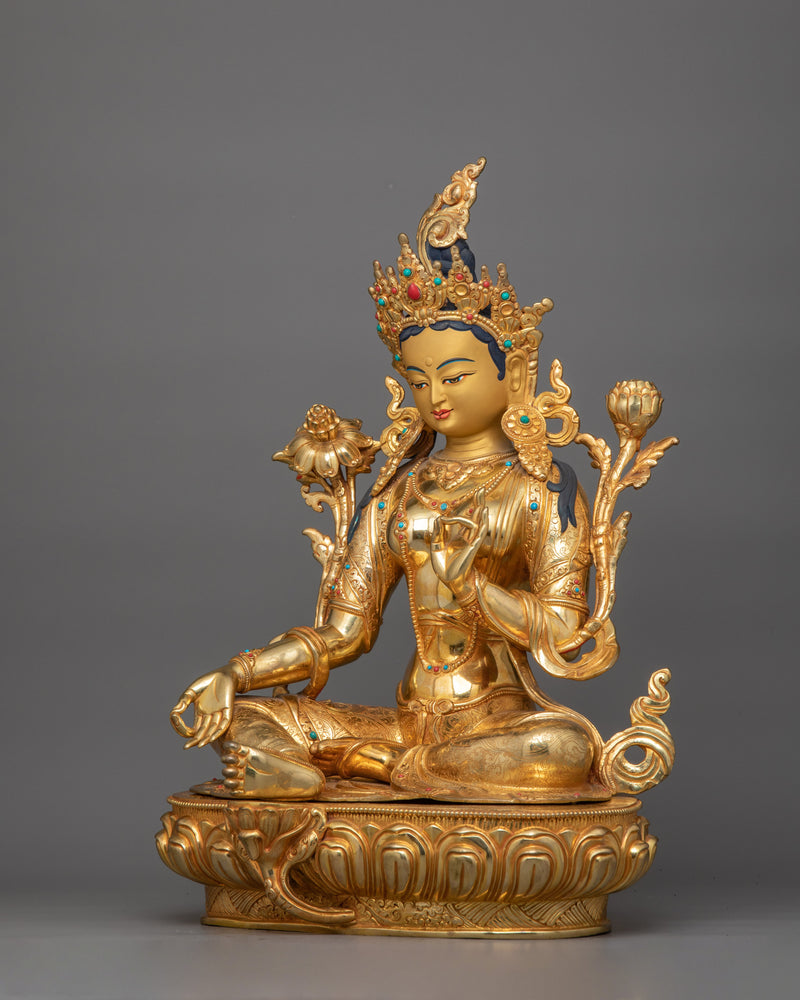 24K Gold Gilded Syamatara Statue | Goddess Green Tara Statue