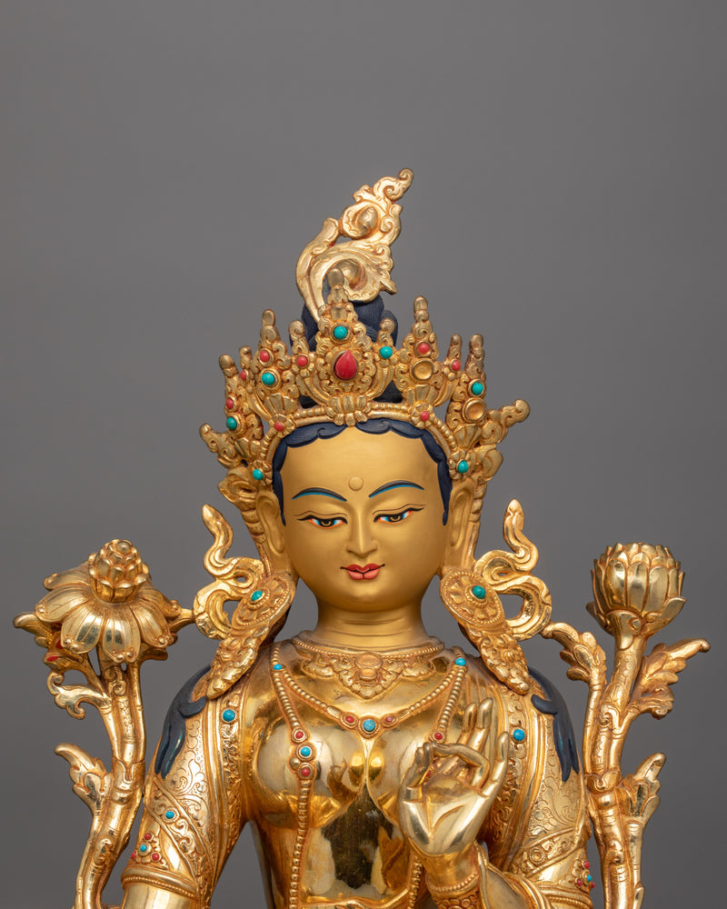 24K Gold Gilded Syamatara Statue | Goddess Green Tara Statue