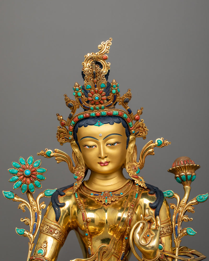 Green Tara Sculpture on Her Lotus Throne | Himalayan Goddess Tara