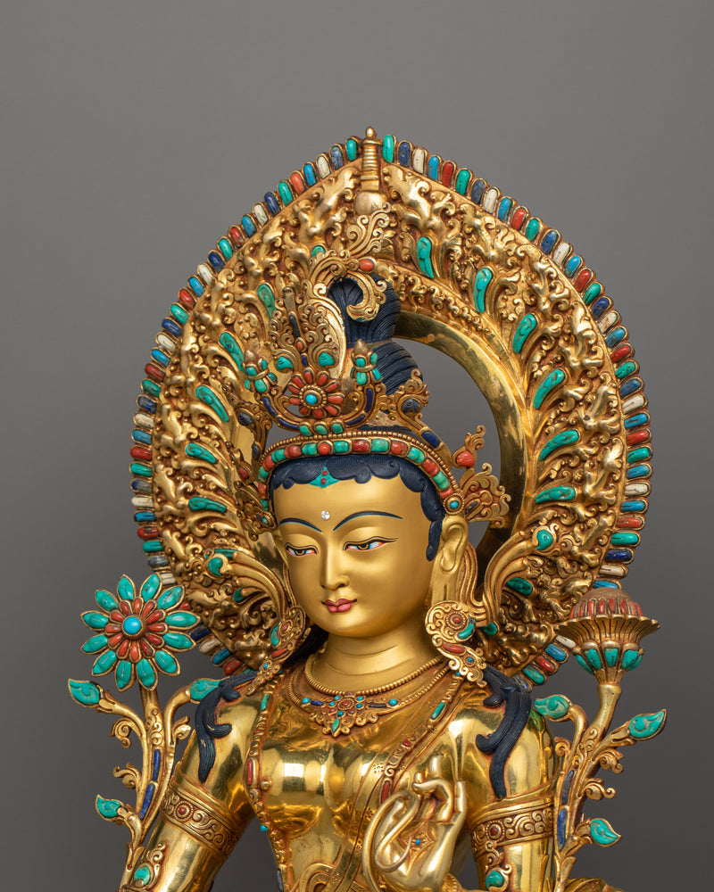 Green Tara Sculpture on Her Lotus Throne | Himalayan Goddess Tara