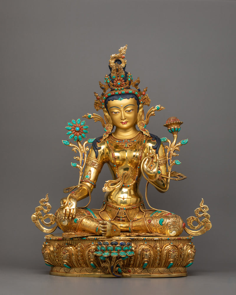 Green Tara Sculpture on Her Lotus Throne | Himalayan Goddess Tara