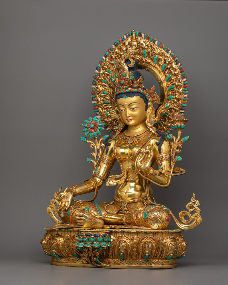 Green Tara Sculpture on Her Lotus Throne | Himalayan Goddess Tara