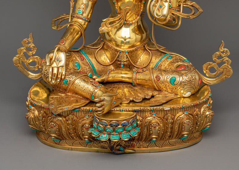 Green Tara Sculpture on Her Lotus Throne | Himalayan Goddess Tara