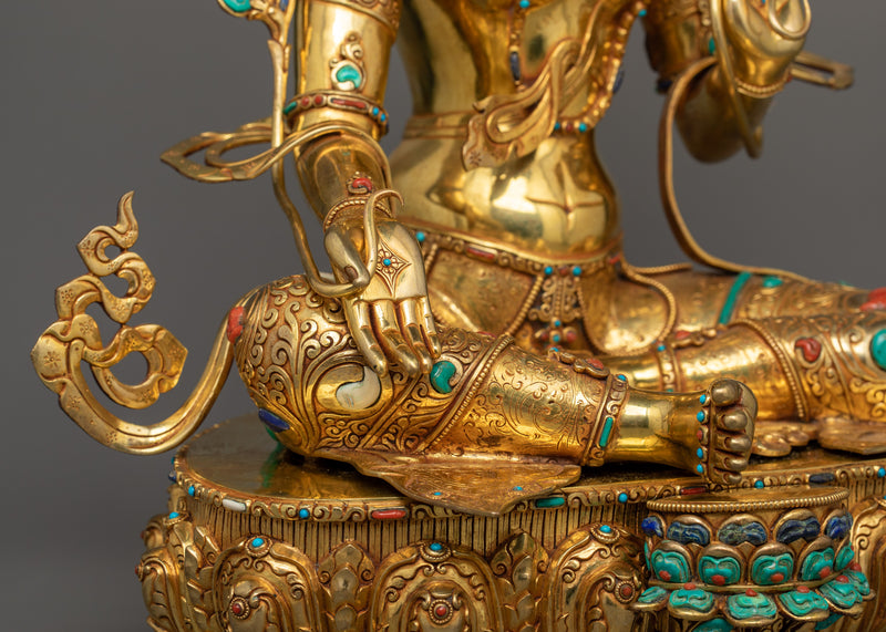 Green Tara Sculpture on Her Lotus Throne | Himalayan Goddess Tara