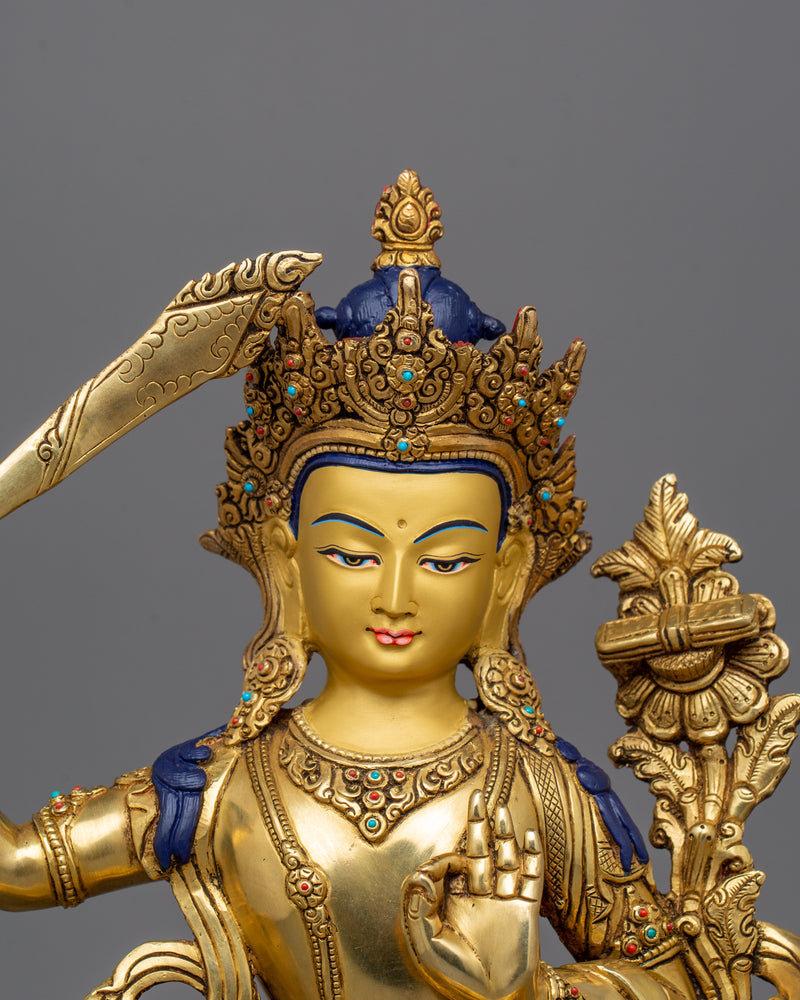 Wisdom God Manjushri Statue | 24K Gold Gilded Tibetan Buddhist Art