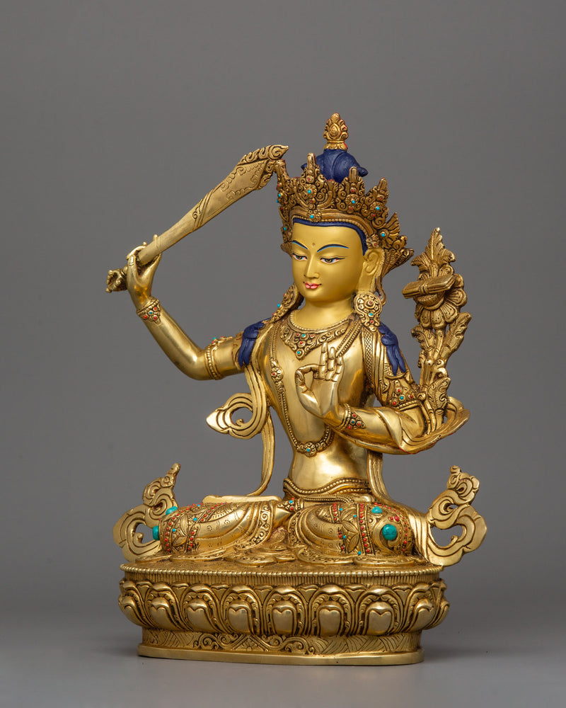 Wisdom God Manjushri Statue | 24K Gold Gilded Tibetan Buddhist Art