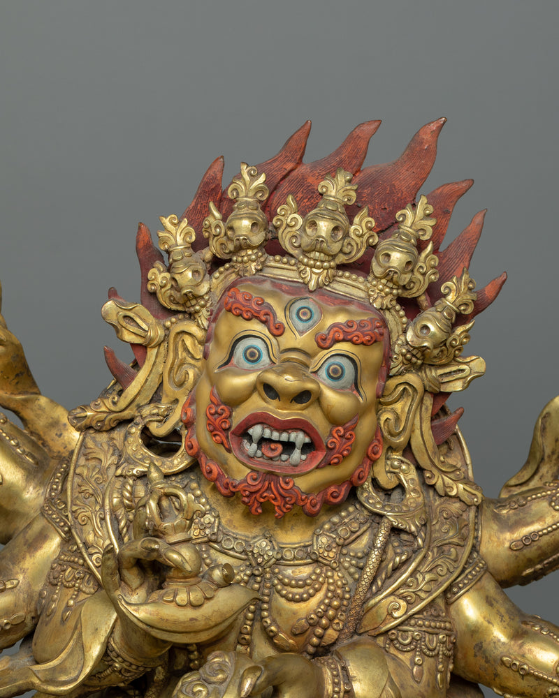 Traditionally Hand-carved Six-Armed Mahakala Figure | Buddhist Guardian of Dharma Statue