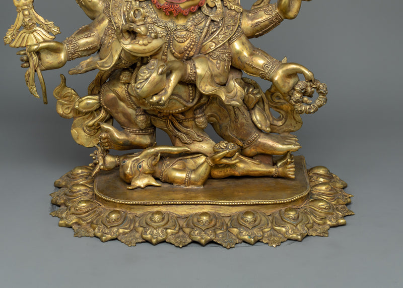 Traditionally Hand-carved Six-Armed Mahakala Figure | Buddhist Guardian of Dharma Statue