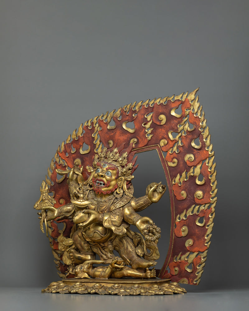 Traditionally Hand-carved Six-Armed Mahakala Figure | Buddhist Guardian of Dharma Statue