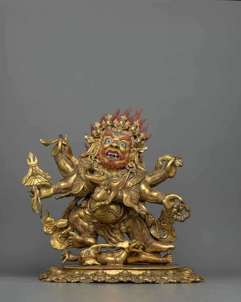 Traditionally Hand-carved Six-Armed Mahakala Figure | Buddhist Guardian of Dharma Statue