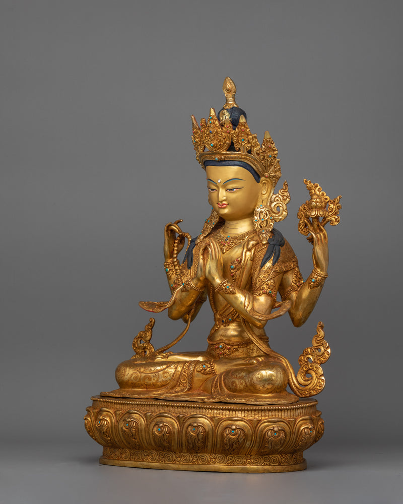 Tibetan Four Armed Handcrafted Chenrezig Statue | Bodhisattva Deity of Compassion