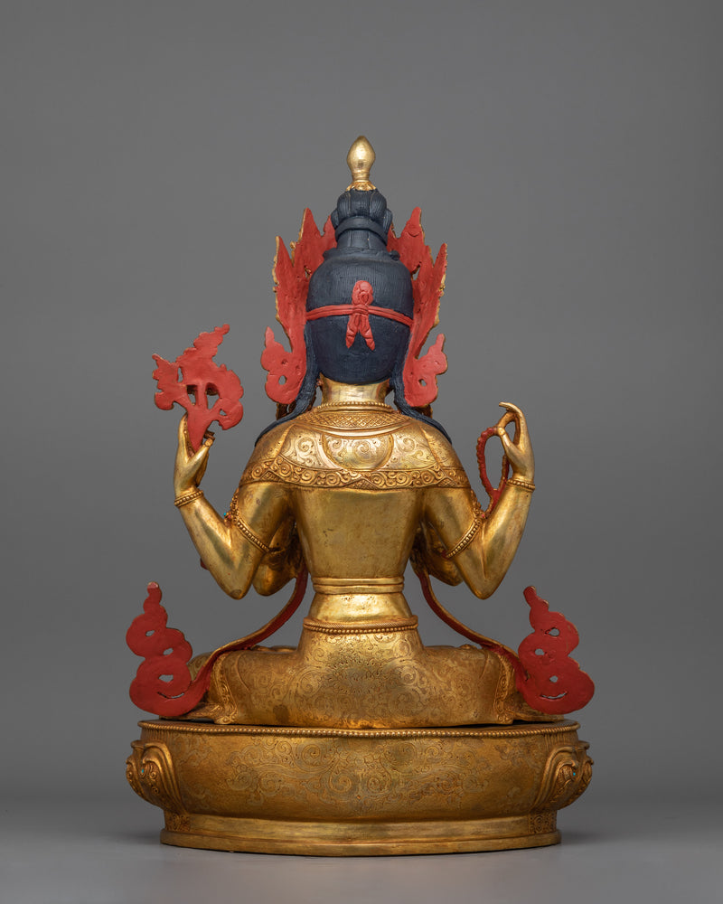 Tibetan Four Armed Handcrafted Chenrezig Statue | Bodhisattva Deity of Compassion