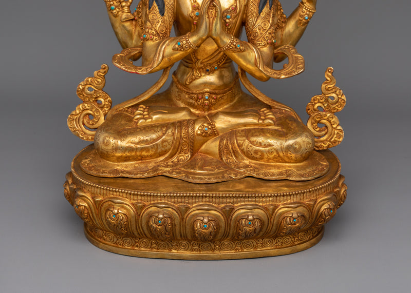 Tibetan Four Armed Handcrafted Chenrezig Statue | Bodhisattva Deity of Compassion