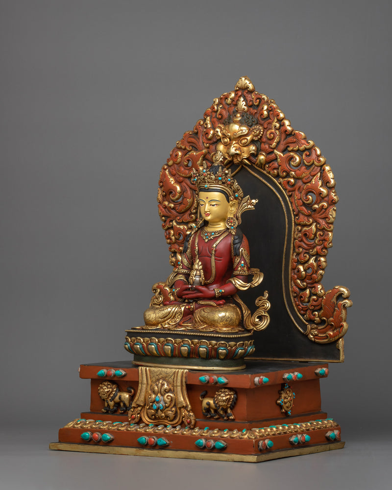 Traditional Statue of Amitayus on a Royal Throne | 24K Gold Gilded Copper Statue