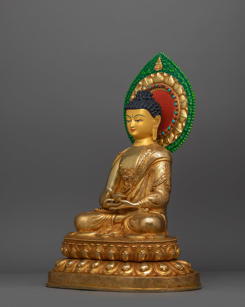 Buddhist Statue of Amitabha Buddha with Halo | 24K Gold Gilded Copper Sculpture