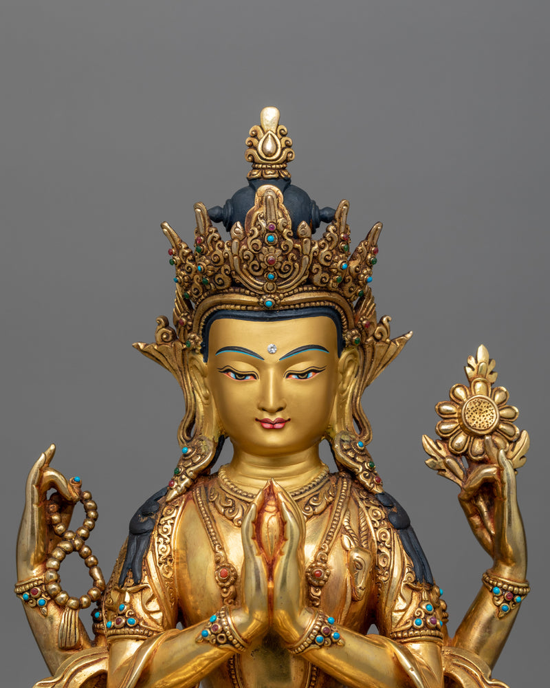 Four Armed Chenrezig Bodhisattva Figurine | Traditional Nepalese Artwork