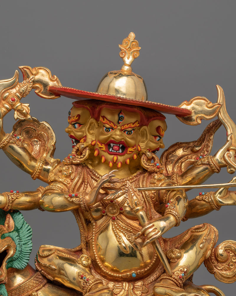 Tibetan Protector Deity Pehar Gyalpo Statue | 24K Gold Gilded Figurine