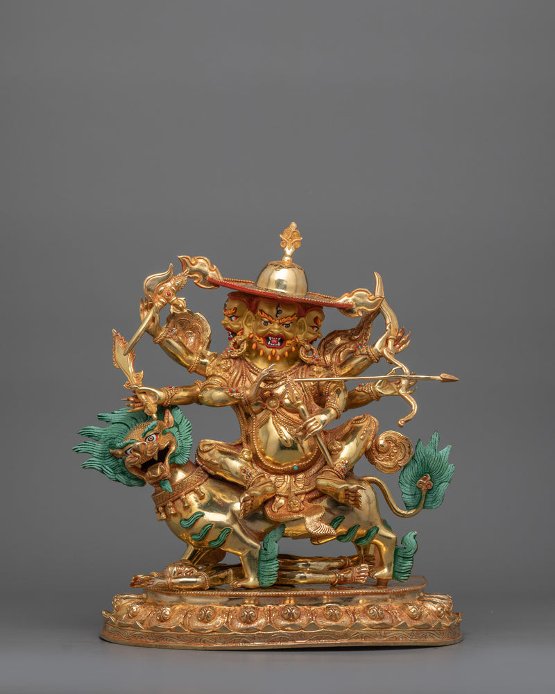 Tibetan Protector Deity Pehar Gyalpo Statue | 24K Gold Gilded Figurine