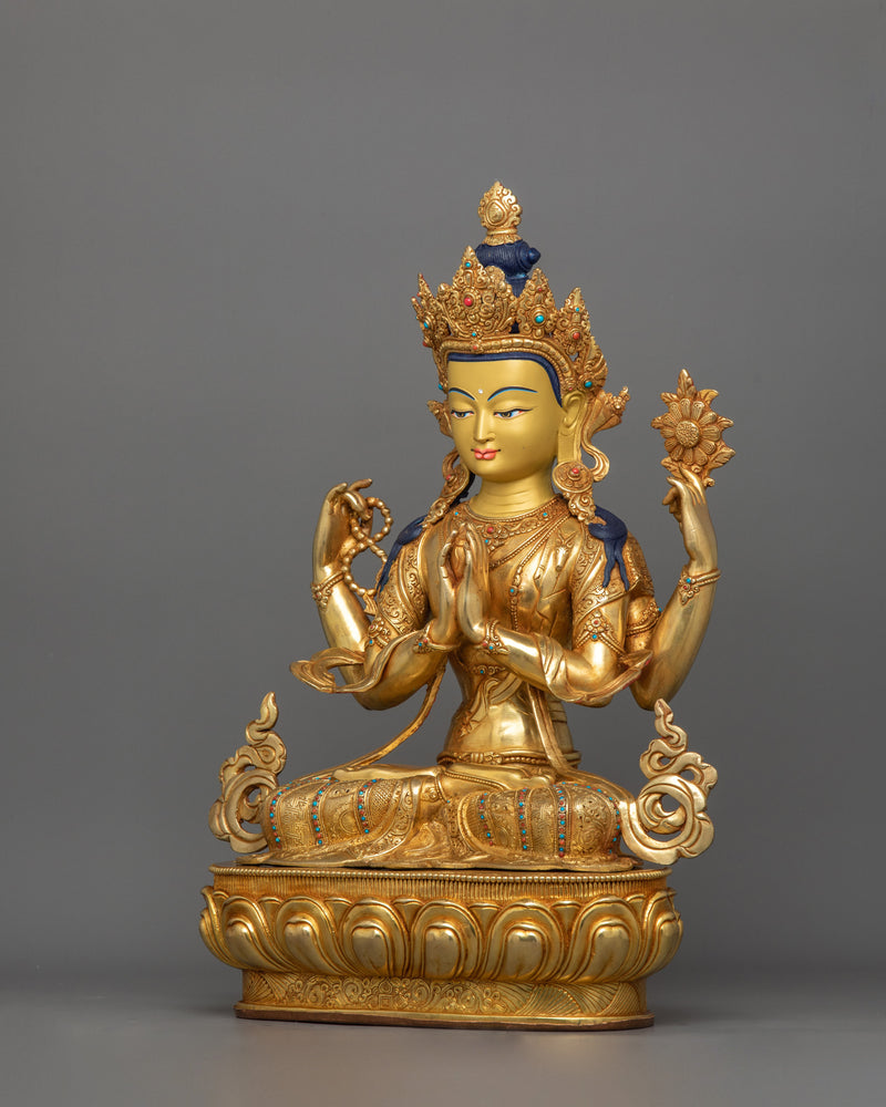 Four Armed Handcrafted Chenrezig Statue | Bodhisattva Deity of Compassion