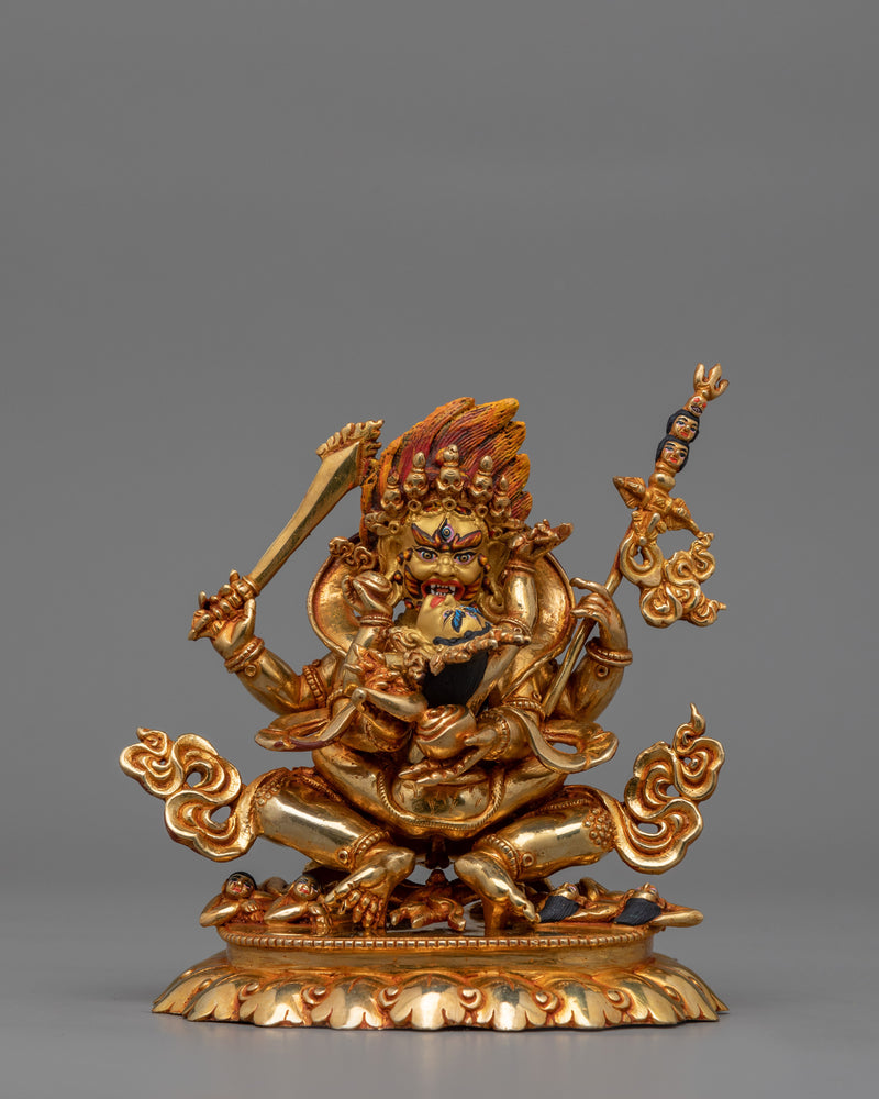 Four Armed Mahakala Mantra Statue | 24k Gold Gilded Artwork