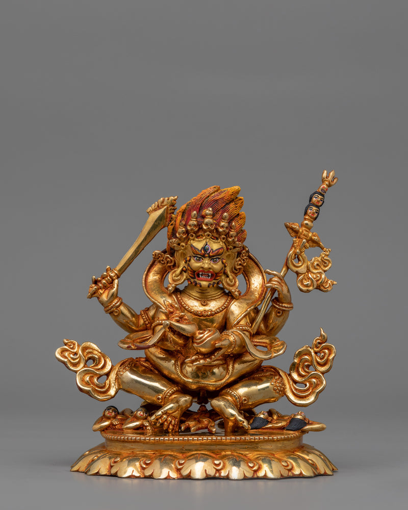 Four Armed Mahakala Mantra Statue | 24k Gold Gilded Artwork