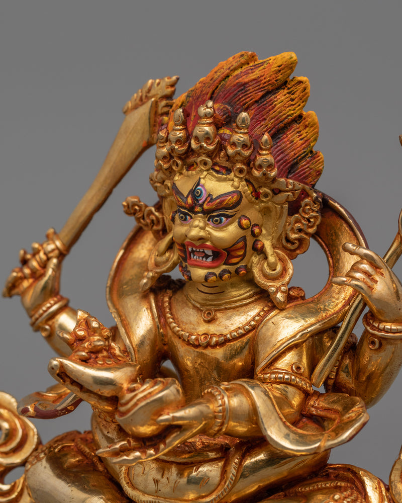 Four Armed Mahakala Mantra Statue | 24k Gold Gilded Artwork