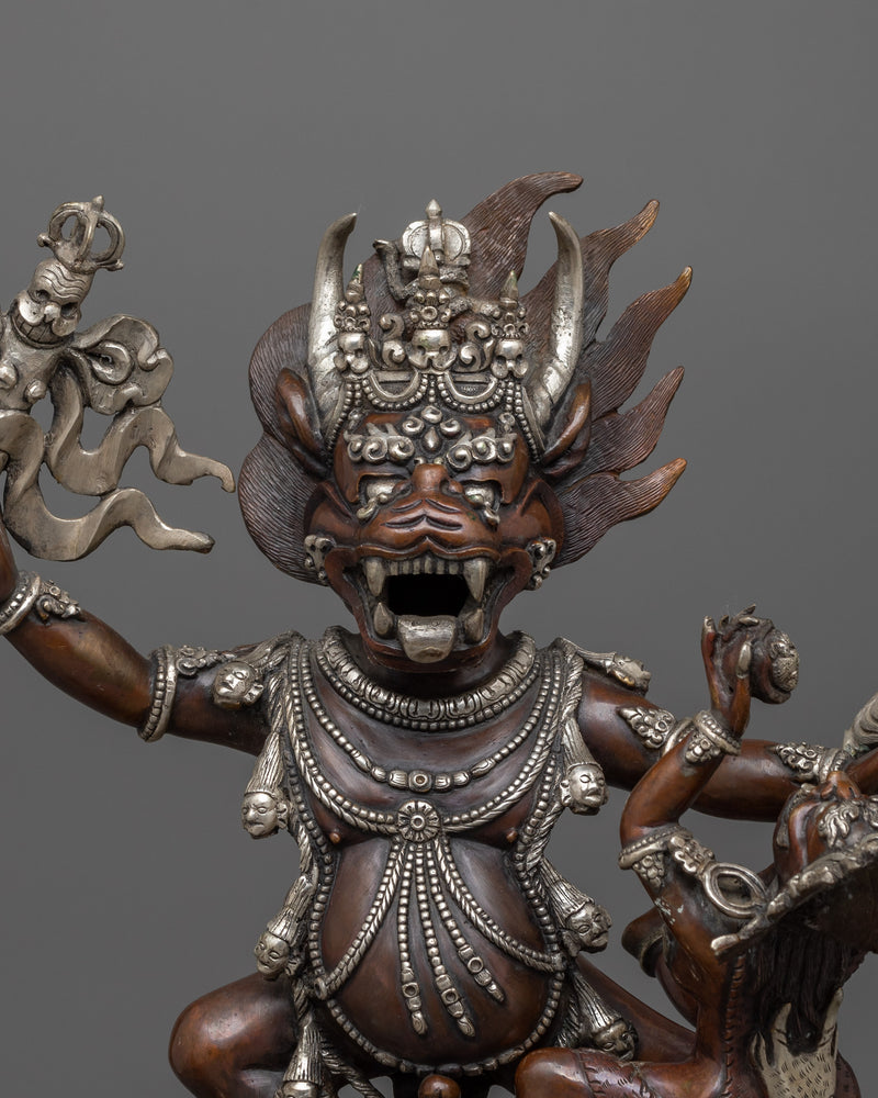 Silver Plated Yama Dharmaraja Statue  | Wrathful Dharma Protector Deity Yama