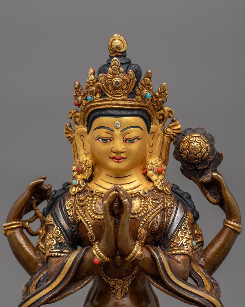 Handmade Four-Armed Chenrezig Sculpture | The Bodhisattva of Healing and Protection