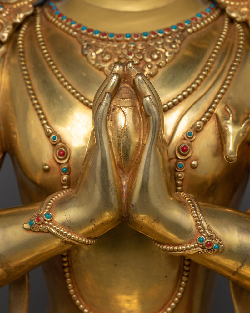 Himalayan Four-Armed Meditating Chenrezig | 24K Gold Gilded Buddhist Sculpture