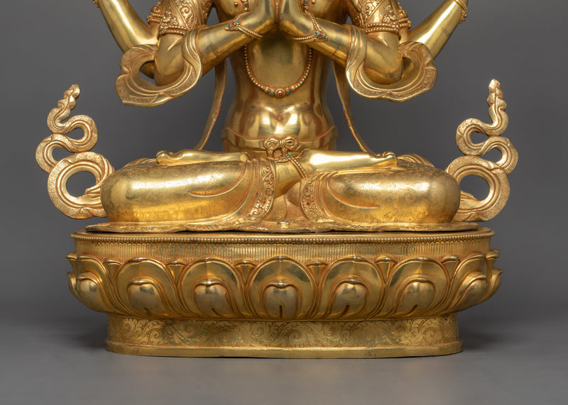 Himalayan Four-Armed Meditating Chenrezig | 24K Gold Gilded Buddhist Sculpture