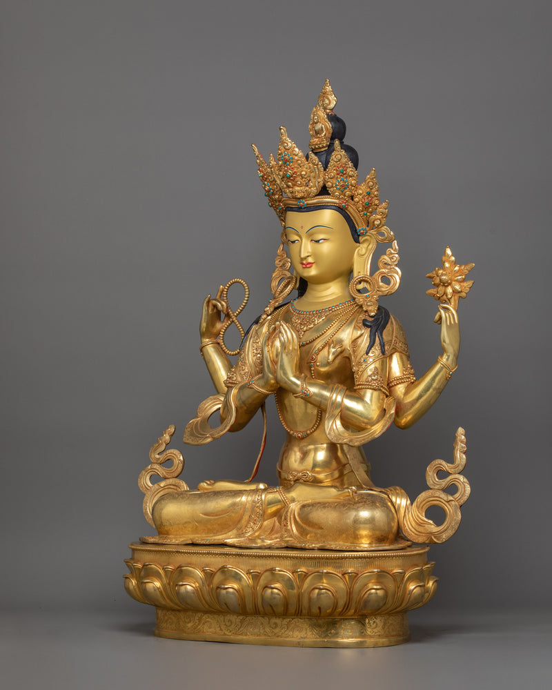 Himalayan Four-Armed Meditating Chenrezig | 24K Gold Gilded Buddhist Sculpture