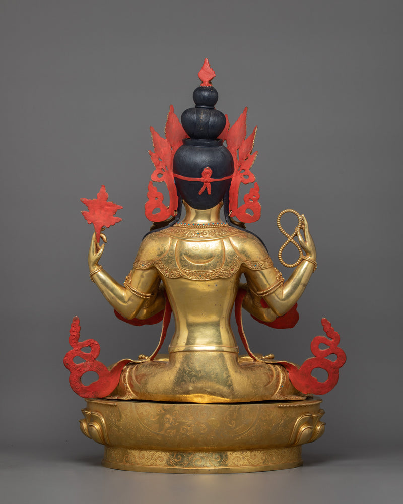 Himalayan Four-Armed Meditating Chenrezig | 24K Gold Gilded Buddhist Sculpture