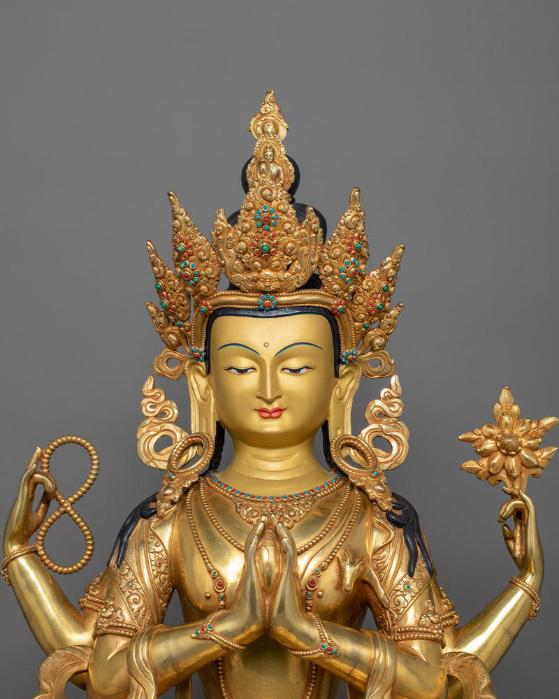 Himalayan Four-Armed Meditating Chenrezig | 24K Gold Gilded Buddhist Sculpture