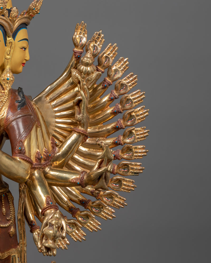 Thousand Armed Chenrezig Sculpture | 24K Gold Gilded Copper Artwork